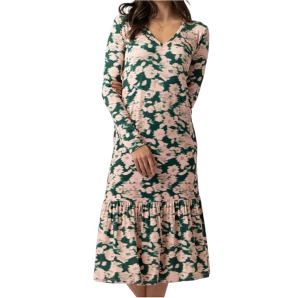 Saint + Sofia Dress Watercolor Midi Floral Green Pink Long Sleeve Stretch Knit 4 - Picture 12 of 13
